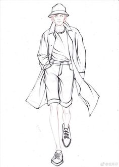 a drawing of a man in a trench coat and hat walking down the catwalk