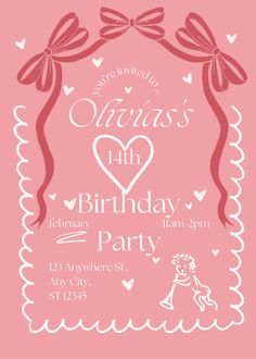 a pink birthday party card with hearts and bows