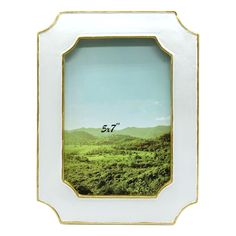 a white and gold frame with an image of mountains in the distance on top of it