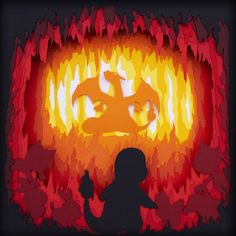 the silhouette of a person standing in front of a fire with flames coming out of it