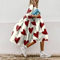 Heart Print Loose Midi Dress Casual Spring Dress With Heart Print, Casual V-neck Dress With Heart Print, Casual Red Heart Print Dress, Red Heart Print Dress For Spring, Loose Midi Dress, Heart Print, Midi Dress