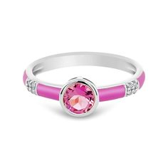 Stackable Sterling Silver Birthstone Enamel Ring Adjustable Pink Enamel Rings, Gemstone Enamel Ring, White Gold Enamel Round Rings, Fine Jewelry Pink Enamel Ring, Pink Enamel Promise Ring, Fine Pink Enamel Rings, Pink Enamel Anniversary Ring, Pink Bezel Set Ring Jewelry, Pink Ring With Bezel Setting