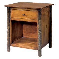 a small wooden table with two drawers and one drawer on the bottom, sitting against a white background