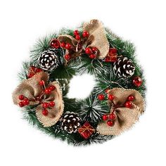 a christmas wreath with pine cones and red berries on the front, decorated with burlocks