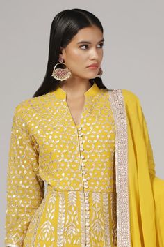 Yellow silk chanderi anarkali with gota patti embroidery. Comes with an organza dupatta. - Aza Fashions Designer Anarkali Set With Resham Embroidery For Festivals, Festive Gold Anarkali Set With Mirror Work, Semi-stitched Chinon Anarkali Set With Zari Work, Resham Embroidered Chinon Anarkali Set For Navratri, Resham Embroidered Chinon Anarkali Set For Diwali, Chinon Anarkali Set With Resham Embroidery For Diwali, Festive Anarkali Set With Resham Embroidery In Georgette, Navratri Resham Embroidery Anarkali Set In Chinon, Festive Georgette Anarkali Set With Resham Embroidery