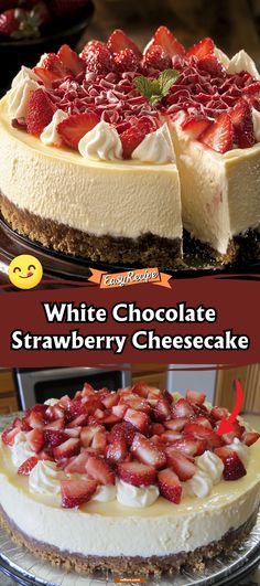 two different cheesecakes with strawberries on top and white chocolate in the middle