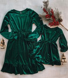 Hunter Green Jolly Matching Dresses - LITTLE MIA BELLA Matching Family Christmas Outfits, Velvet Christmas Dress, Mommy And Me Matching Outfits, Family Christmas Outfits, Matching Christmas Outfits, Mother Daughter Dresses Matching, Outfits Matching, Mother Daughter Dress, Matching Shoes