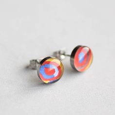 "Carefully handcrafted earrings, featuring Wassily Kandinsky's famous painting: Concentric circles, Made of 100% hypoallergenic SURGICAL STAINLESS STEEL and RESIN. Perfect for everyday wearing to office and for any other occasions. More ART: http://etsy.me/1lL5RqU More STUD earrings: http://etsy.me/Ym7FfT DIMENSIONS - 7mm / 10 mm / 12 mm (0.27\" / 0.4\" / 0.5\") in diameter MATERIALS - glossy, jewelry grade resin, that makes the earrings durable but light weight, as well as water resistant - hig Artsy Red Earrings As A Gift, Modern Multicolor Earrings As A Gift, Modern Multicolor Earrings For Gift, Modern Multicolor Earrings As Gift, Modern Jewelry With Abstract Design For Gift, Modern Abstract Jewelry As A Gift, Modern Abstract Design Jewelry Gift, Retro Circular Earrings For Gifts, Retro Circular Earrings As Gift