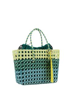 Negroni handbag by la milanesa, double stiff handle, adjustable interior pouch, multicolored woven design, patch with iconic brand monogram applied on handle. Composition: 100% % Plastic | La Milanesa Women's Negroni Handbag in Light Blue/Green/Yellow | SS24 Brand Monogram, Charity Project, Negroni, Light Blue Green, Woven Design, Recycled Fabric, Playful Design, Luxury Retail, Luxury Boutique