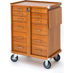 a wooden cabinet with wheels and drawers on the bottom shelf is shown against a white background