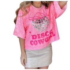 Thanks For Checking Out Our Fabulous Posh Closet!! All Of Our Items Are New With Tags! Never Worn Or Used <3 - Composition: 100% Polyester - Description: Look No Further, You Just Found Your Perfect Tee! This Disco Cowgirl Sequin Shirt Features Mid-Length Sleeves, An Oversized Fit, And A Crewneck Design. Made From 100% Polyester And Fully Lined, It Offers A Pull-On Closure For Easy Wear. - We Ship From Multiple Warehouses So It's Not Possible For Us To Bundle - Because All Of Our Merchandise Is Disco Cowgirl, Sequin Shirt, Crewneck Design, Mid Length Sleeves, Photo Lighting, Color Shades, Easy Wear, Mid Length, Sequin