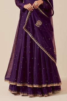 Buy Purple Chanderi Embroidered Sequin Scoop Anarkali Skirt Set For Women by Ikshita Choudhary Online at Aza Fashions. Dola Silk Chandbali Pre-draped Saree For Diwali, Anarkali Style Sharara With Zari Work For Reception, Unstitched Anarkali Set With Zari Work For Reception, Eid Anarkali Pre-draped Saree With Pallu, Zari Work Anarkali Set In Dola Silk, Dola Silk Anarkali Set With Zari Work, Floor-length Chanderi Traditional Wear With Zari Work, Eid Chanderi Lehenga With Zari Work, Raw Silk Anarkali Set For Reception And Festivals