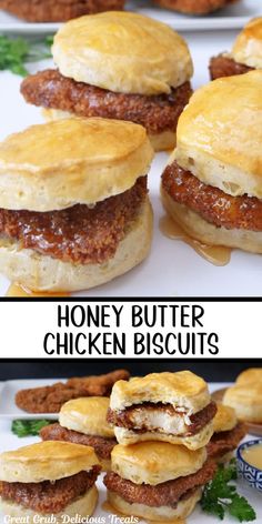 two pictures showing different types of chicken biscuits and the same one with cheese on top