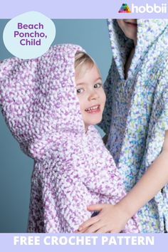 Get started on this DIY project on Beach Poncho - Child Crochet  Pattern. Soft and delightful Beach poncho with a hood – Perfect for the beach, swimming pool or the bath. It is crocheted in Baby Snuggle, which is a thick, chunky and super soft microfiber yarn that is enticing to snuggle up in. The pattern is found in sizes 2 to 10 years. The poncho is super simple, and with crochet hook 6 it is a quick and fun project. Enjoy!The pattern for Beach Poncho - Child can be downloaded for free Girls Poncho Crochet Pattern, Beach Poncho, Toddler Patterns, Child Free