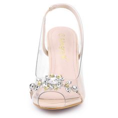 A pair fo elegant, clear slingback style sandals with flower rhinestone features a comfortable cushioned insole that snuggles your feet to provide comfort with every step.Vamp: PVC; Outsole: Rubber; Heel: Clear PC. Easy to pair with jeans or dresses for a casual look. Occasion: Office, Interview, Party, Casual, Christmas Days, Dating, Evening. Glamorous Sandals With Clear Strap And Open Toe, Glamorous Open Toe Sandals With Clear Strap, Clear Open Toe Heels With Rhinestones, Clear Rhinestone Heels With Open Toe, Wedding Heels With Clear Strap And Open Toe, Clear High Heel Sandals For Wedding, Elegant Sandals With Transparent Straps, Elegant Open Toe Synthetic Jelly Sandals, Elegant Open Toe Jelly Sandals