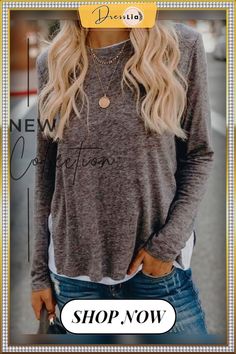 Long Sleeve Solid Cotton-blend Shirts Gray Top For Fall, Solid Color Tops For Layering In Fall, Casual Shirt For Winter Layering, Gray Crew Neck Top For Layering, Crew Neck Shirt For Layering In Fall, Gray Tops For Layering, Solid Shirt For Fall Layering, Trendy Layering Shirt, Crew Neck Solid Color Tops For Layering