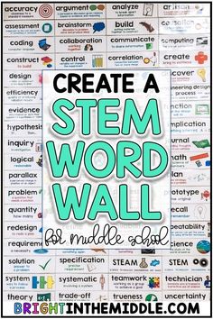 Create a STEM Word Wall in your middle school STEM, math, or science classroom!    Create a beautiful and meaningful bulletin board resource with 105 STEM vocabulary words, and create your own words with an editable template.  #6thgrade #7thgrade #8thgrade Middle School Stem, Middle School Classroom Organization, Physical Science Activities, Science Word Wall, Middle School Science Activities, Earth Science Activities, Life Science Activities, Middle School Classroom Decor