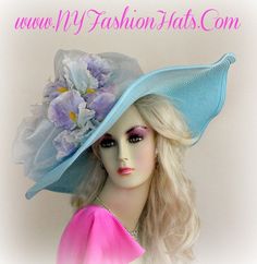 Luxury Statement Haute Couture Designer Hat For Women, Pastel Blue Lavender Wide Brim Hat, Formal Wedding Hat Horse Races, NYFashionHats Women's Wide Brim Pastel Blue Designer Fashion Kentucky Derby Hat With Beautiful Flowers. Perfect Hat For The Kentucky Derby Or Any Other Horse Race. This Special Occasion Dress Hat Is Custom Made By NY Fashion Hats Custom Millinery Headwear Apparel. Soft Pastel Blue Turquoise Wide Brimmed Designer Hat With Flowers. This fashion Kentucky Derby hat is embellishe Race Day Fashion, Special Occasion Hats, Mother Of The Bride Hats, Hat With Flowers, Ladies Dress Hats, Large Brim Hat, Royal Ascot Hats, Horse Races, Haute Couture Designers