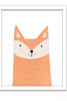 an orange fox is featured in this handmade art print, with white trim and black eyes