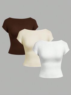 3pcs/Set Sexy Casual Simple Round Neck Short Sleeve Hollow Out Fitted Women T-Shirt, Summer Multicolor Sexy    Plain  Slight Stretch  Women Clothing, size features are:Bust: ,Length: ,Sleeve Length: Korean Shirts Women, Shein Shirts, Shirt With Sleeves, Cute Summer Shirts, Simple Style Outfits, Best Friend Outfits, Fitted Shirts, Cute Dress Outfits, Effortlessly Chic Outfits