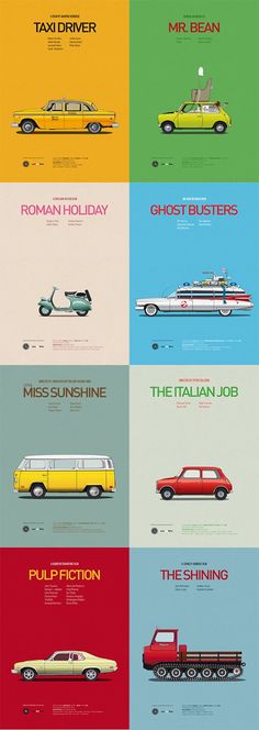 different types of cars and trucks are shown in this graphic art print, which includes the names