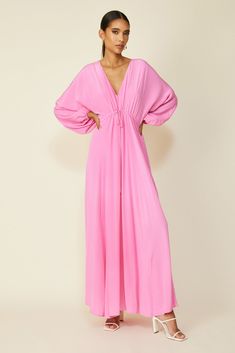 LADY DRESS Pink Floor-length Kaftan For Spring, Pink Floor-length Spring Kaftan, Luxury V-neck Maxi Dress With Gathered Sleeves, Multicolor Embellished Maxi-length Kaftan, Pink V-neck Maxi Dress With Vibrant Print, Line Dot, Lady Dress, Top Dress, Summer Tops