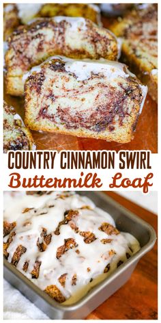 cinnamon swirl buttermilk loaf with icing in a pan