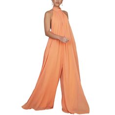 Orange Halter Neck Backless Chiffon Wide Leg Jumpsuit