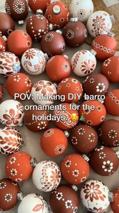 some red and white eggs are sitting on the floor with words that read pov making diy barq ornaments for the holidays