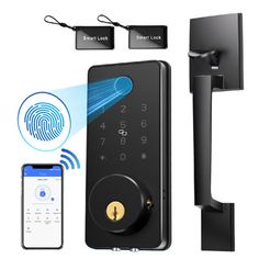 an electronic door lock with fingerprint on the screen and two smartphones next to it