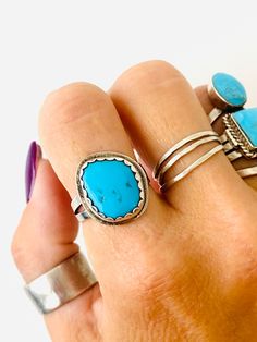 West Native American, Navajo, Handmade, Billy, Curtis turquoise ring size 8 Untreated Bohemian Turquoise Ring, Nickel-free Bohemian Turquoise Ring, Bohemian Untreated Blue Turquoise Ring, Adjustable Western Style Blue Turquoise Ring, Adjustable Blue Turquoise Western Ring, Untreated Blue Turquoise Western Ring, Adjustable Blue Turquoise Ring In Western Style, Adjustable Turquoise Ring For Everyday Wear, Adjustable Size Turquoise Western Ring