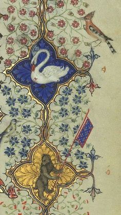 an elaborately decorated wall panel with swans and flowers on it, surrounded by birds