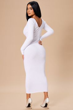 Available In Lime, Lavender, And White. Ribbed Sweater Dress Long Sleeve V Neckline Stretch 80% Viscose 20% Nylon Imported | Kallan Knit Dress in White size Small by Fashion Nova Kallan Knit Dress, White Ribbed Sweater, Sweater Dress Long, Classic Dresses, Female Outfits, Ribbed Maxi Dress, Fashion Nova Outfits, Ribbed Sweater Dress, Long Sweater Dress