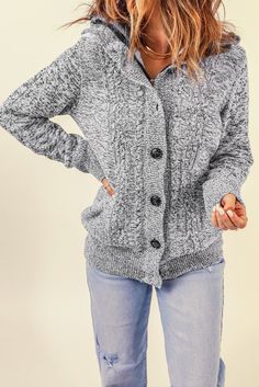 Dark Gray Long Sleeve Button-up Hooded Cardigans Wardrobe Essentials For Women, Hooded Sweater Coat, Lisa Fischer, Knit Sweater Coat, Coat For Women, Sleeves Clothing, Gray Long Sleeve, Sweater Coat, Hooded Cardigan