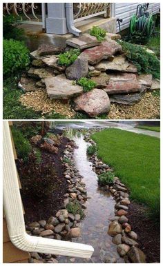 two pictures of rocks and water in the yard