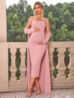 2pcs/Set Pregnant Women Simple Solid Color Fitted Strapless Dress And Long Sleeve Long Cardigan Pink Casual    Plain  Medium Stretch  Maternity Clothing, size features are:Bust: ,Length: ,Sleeve Length: Blush Pink Maternity Dress, Pregnant Women Dress, Baby Shower Outfits For Mom, Short Maternity Dress, Gender Reveal Dress, Maternity Two Piece, Pink Maternity Dress, Outfits Pastel, Dresses For Pregnant Women