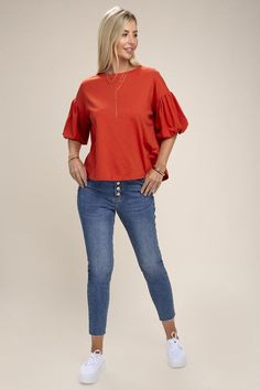 Chic and Versatile. Get ready for a style boost with this fashion top. This cute, round neckline top features bubble sleeves for a trendy look that's both comfortable and stylish. Material: 62% Polyester, 32% Cotton, 6% Elastane Fabric: Stretch, Non-sheer Style: Short Sleeve, Bubble Sleeve, Round Neckline, Solid Pattern Care Instructions: Machine wash cold, tumble dry low Model is 5' 8" and wearing size Small Bubble Sleeve Top, Balloon Sleeve Top, Bubble Sleeve, Fashion Top, Design Fabric, Kimono Sleeve, Mini Dress With Sleeves, Sheer Fabrics, Solid Pattern