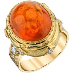 Big, bright, and beautiful! This gorgeous ring features a rare, giant, mandarin orange spessartite garnet cabochon that is so perfect, it looks like a piece of candy! It is bezel set in a regal-looking, 18k yellow gold ring that displays a level of craftsmanship and attention to detail seldom seen today. Brilliant white diamonds add extra sparkle to this impressive, hand-engraved ring. Handmade by our jewelers in Los Angeles. A unique and spectacular statement piece! Fun fact: Spessartite garnet Hand Engraved Rings, Garnet And Diamond Ring, Spessartite Garnet, Gold For Sale, Garnet Jewelry, Garnet Ring, 18k Yellow Gold Ring, Domed Ring, Garnet Rings