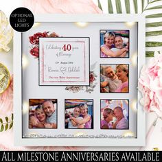 an anniversary photo frame with four photos and flowers