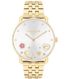 From COACH&#x2C; this women's watch features:Gold-tone stainless steel bracelet and caseApprox. case diameter: 36mmMineral crystal Quartz analog movementDeployment closureWater-resistant up to 99 feetSilver white dialImported. Silver Quartz Watches For Valentine's Day, Elegant Silver Watch For Valentine's Day, Valentine's Day Elegant Silver Watch, Elegant Coach Jewelry With Polished Finish, Gold Watches For Valentine's Day, Elegant Gold Watch For Valentine's Day, Timeless Coach Watch Suitable For Gifting, Timeless Coach Watches As Gifts, Luxury Coach Watch For Gift