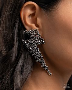 Featuring black rhinestones, a pair of airy silver lightning bolts flicker and flash along the ear for a dazzling design. Earring attaches to a standard post fitting. Sold as one pair of post earrings. Lightning Bolt Earrings, Lightning Bolts, Black Gems, Unisex Necklace, Black Accessories, The Ear, Paparazzi Accessories, Anklet Bracelet, Black Earrings