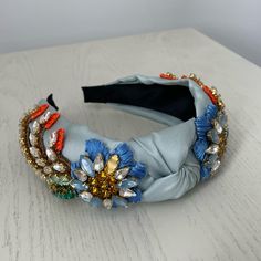 Statement Wrap Headband With Jewels Adjustable Blue Headband For Spring, Blue Headband For Summer Beach, Blue Summer Headband For Beach, Casual Blue Headband For Spring, Blue Summer Beach Headband, Wrap Headband, Jeweled Headband, Color Blue, Hair Accessories