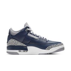 This Air Jordan 3 "George Town" is featured with a Navy color hue accented with grey panels throughout, the uppers here are built from premium quality tumbled leather, with mesh overlays balancing out the design overall. SKU: CT8532-401 Release Date: Mar 20, 2021 Color: MIDNIGHT NAVY/CEMENT GREY/WHITE Georgetown Hoyas, George Town, Jordan Model, Jordan 3 Retro, Air Jordan 3 Retro, Grey Panels, Cement Gray, Air Jordan 3, Jordan 3