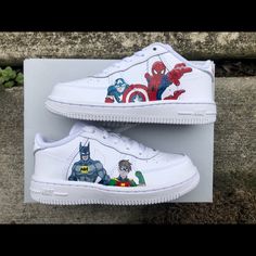 - Custom Painted Nike Air Force 1 - “Super Hero” Design - Painted & Finished/Sealed With Angelus Leather Paint - All Sizes Available!!! Not Just The Ones Listed - Can Be Done In Men, Womens, And Kids - Processing Time: 1-2 Weeks - Prices Negotiatible Customizable White Sneakers With Round Toe, Customizable White Round Toe Sneakers, Nike Custom Sneakers With Round Toe, Nike Customizable Low-top Sneakers, Nike Custom Sneakers, Super Hero Design, Cheetah Nikes, Painted Nike Air Force, Nike Shoes Custom