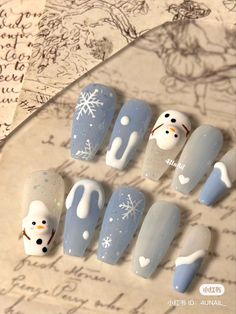 Snowman Nails, Cute Christmas Nails, Christmas Gel Nails, Soft Nails, Blue Nail, Xmas Nails, Christmas Nail Designs, Pretty Acrylic Nails