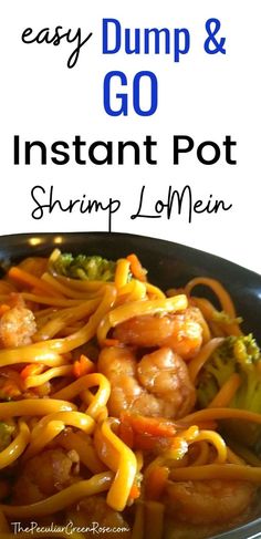 shrimp, broccoli and carrot stir fry in a skillet with text overlay