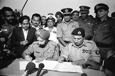 Lt. Gen Amir Abdullah Khan Niazi signing the instrument of surrender ending all hostilities, in the presence of Lt. Gen. Jasjit Singh Aurora, 1971 Vijay Diwas, Indira Gandhi, Indian Army, Freedom Fighters, Us Presidents