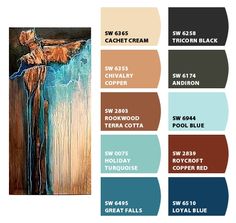 the color scheme for this painting is brown, teal, blue and white with an image of a woman standing on top of a waterfall