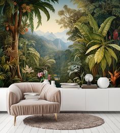 a living room with a large mural on the wall