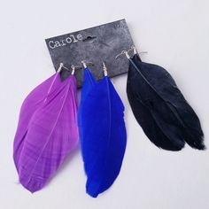 New With Tags. 3 Sets Of Lightweight Feather Earrings In Black, Royal Blue, And Purple (Orchid). Purple Orchids, Earrings Purple, Lace Headbands, Earrings Blue, Feather Earrings, Bohemian Chic, Blue Purple, Feathers, Blue And Purple